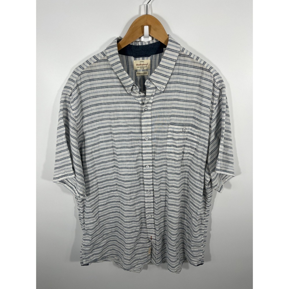Weatherproof Mens Linen Blend Button Down Shirt White Stripe Lightweight - Picture 1 of 10